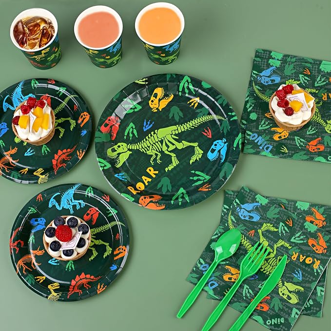 352pcs Dinosaur Birthday Party Decorations For Boys, Dinosaur Themes Birthday Party Supplies Serve 50 with Disposable Plates,Napkins,Cups,Cutlery Set, ,Tablecloth
