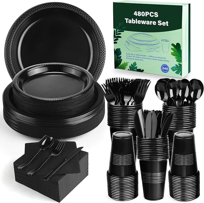 Kochorie 480 Pieces Black Plastic Dinnerware Set for 60 Guests Disposable Heavy Duty Plates Napkins Cups and Silverware Dessert Dinner Plates for Halloween Birthday Wedding Party Supplies