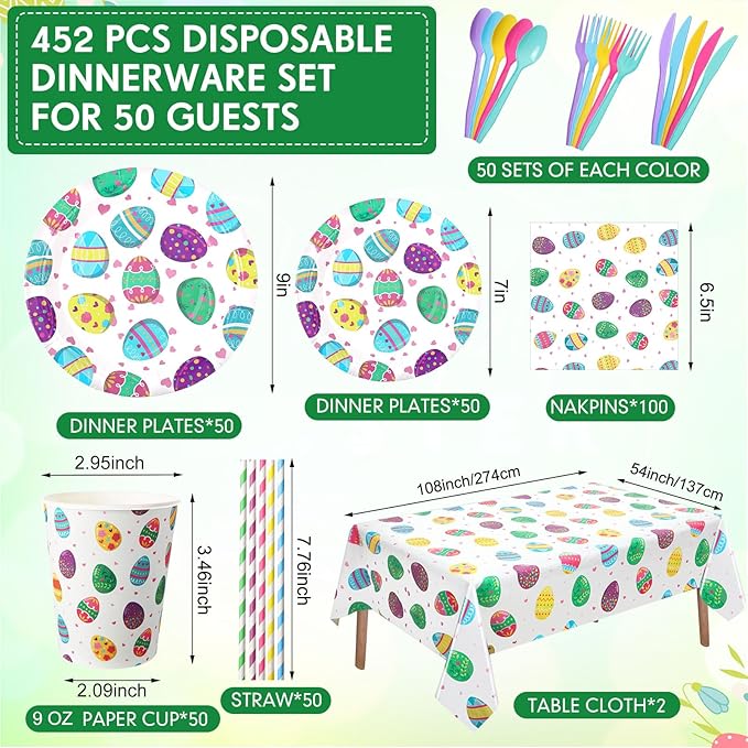 Funnymoom 452 Pcs Easter Party Supplies for 50, Colorful Easter Egg Paper Plates Napkins Cups Tablecloth Cutlery Straws Disposaable Tableware Set for Spring Birthday Baby Shower Party Decorations