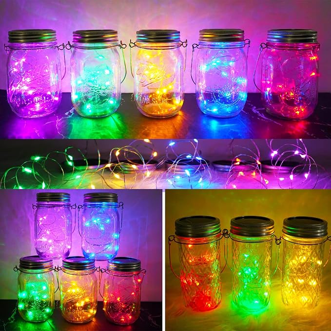 Solar Light for Mason Jars 20 LED Outdoor Fairy String Light Lids with Hangers for Jar Lantern Waterproof Rust Resist for Patio Lawn Garden Decor No Jars 10 Pack (Red, Blue, Green, Purple,Yellow)