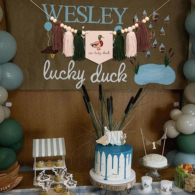 Gostman One Luck Duck High Chair Banner | Mallard Duck Hunting First Birthday Party Supplies,Mallard Duck Sign First Birthday Highchair Banner