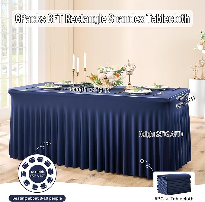 leegleri 6 Pack Navy Blue Spandex Table Clothes for 6 Foot Rectangle Tables, Wrinkle Free Fitted Table Cover 6ft Stretch Tablecloths with Skirt for Parties Weddings Birthday Banquet Baby Shower