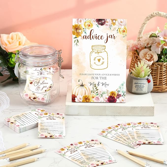 Jetec 74 Pcs Advice and Wishes for the Mr and Mrs 60 Pcs Wedding Advice Cards Advice and Wishes Jar Box Bridal Shower Advice and Wishes Cards for Bride and Groom Bridal Shower Decor(Fall in Love)