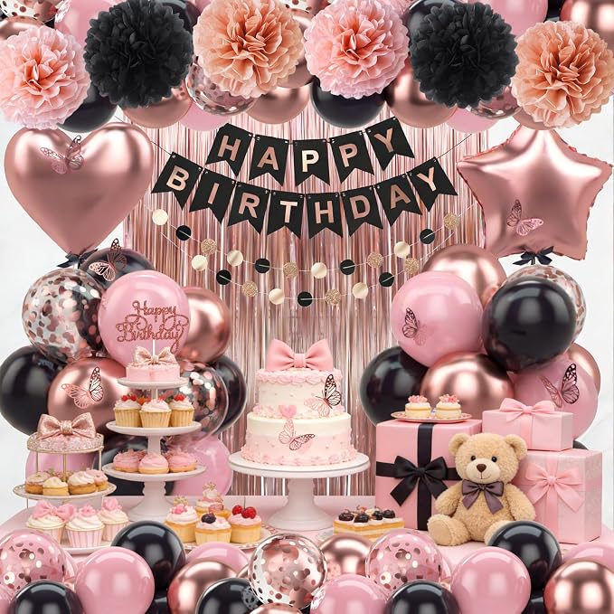 Rose Gold Black Birthday Party Decorations 12INCH Black Pink Rose Confetti Balloon Happy Birthday Banner Cake Topper Fringe Curtain Paper Pom Poms Butterfly Sticker 18INCH Heart Star Foil Girls Women