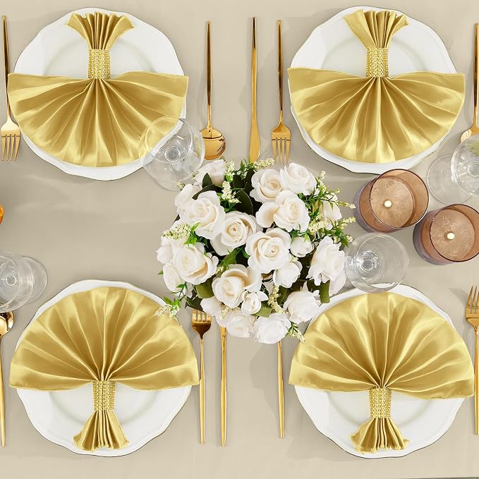 RUDONG M 100 Pcs Gold Satin Napkins and Napkin Rings Set, 17 x 17 Inch Square Cloth Napkins Set of 50, Silky Soft Table Napkins Bulk for Weddings, Banquet, Parties Dinner Decoration