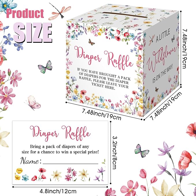 Teling 51 Pieces Diaper Raffle Tickets with Card Box Baby Shower Decorations Gender Reveal Holder Box for Girl Boy Diaper Raffle Party (Baby In Bloom)