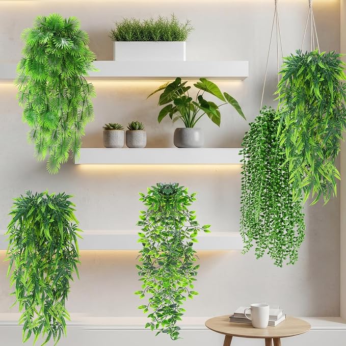 Daifunli 12 Pcs Artificial Hanging Plants Fake Hanging Ferns Plastic Fake Plant for Wall Room Garden Garland Indoor Outdoor Decor No Basket (Palm,Mandala,String of Pearls,Maple Leaf)