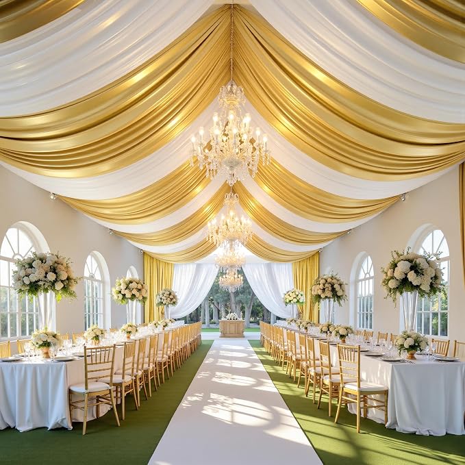 gogoparti 30x40FT Gold Shimmer Backdrop Curtains for Weddings Parties - 6 Panels of Extra Long 5x40FT Drapes, Includes Dual Pole Pockets, Wrinkle-Free Fabric for Party, Photo Booth & Tent Decoration