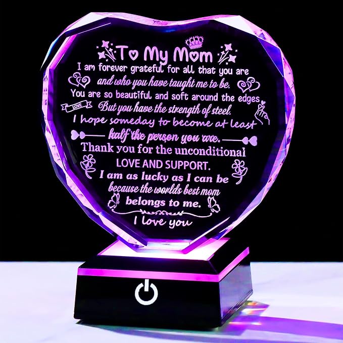 Arikyrist Mom Gifts from Daughter Son Heart Crystal Keepsake to My Mom with Colorful LED Light Base Best Mom Ever Gifts on Birthday Rrtirement Anniversary