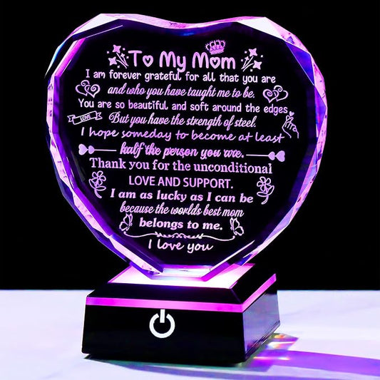 Arikyrist Mom Gifts from Daughter Son Heart Crystal Keepsake to My Mom with Colorful LED Light Base Best Mom Ever Gifts on Birthday Rrtirement Anniversary