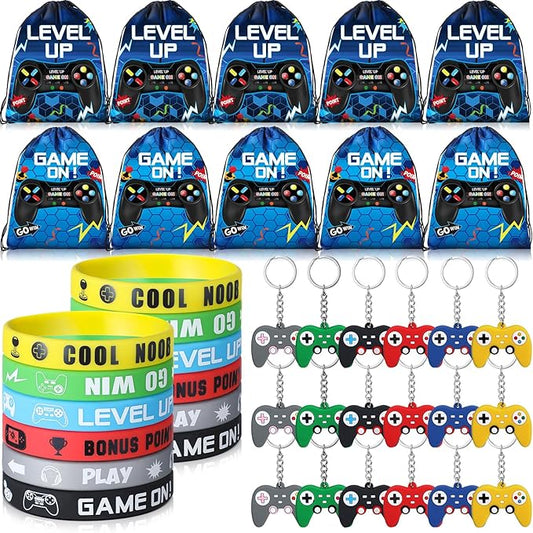 Nosiny 72 Pcs Video Game Party Favors Video Gamer Party Drawstring Bags Gaming Goodie Bag Silicone Bracelet Wristbands Keychain Classroom Rewards for Kids Birthday Bag Stuffers(Blue,Fresh)