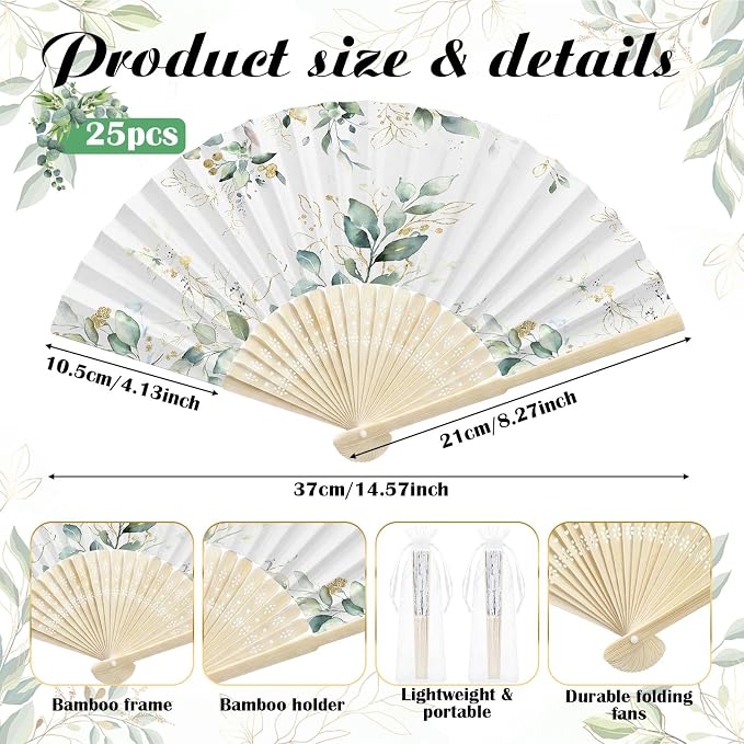 Hoteam 25 Sets Eucalyptus Leaf Wedding Party Favors for Guests Bulk Including Green Can Cooler and Paper Folding Fans with Wedding Decor Table Sign Cheers to Love for Bridal Shower Party Souvenir