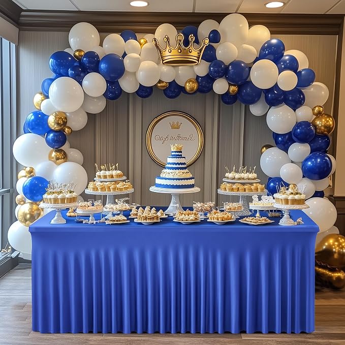 6 pk Royal Blue Spandex Tablecloths 8ft with Ruffle Table Skirt, Wrinkle Free Stretchy Fitted Tablecloth for 8 Foot Rectangle Tables, Elastic Spandex Table Covers 8ft for Party Wedding Banquet