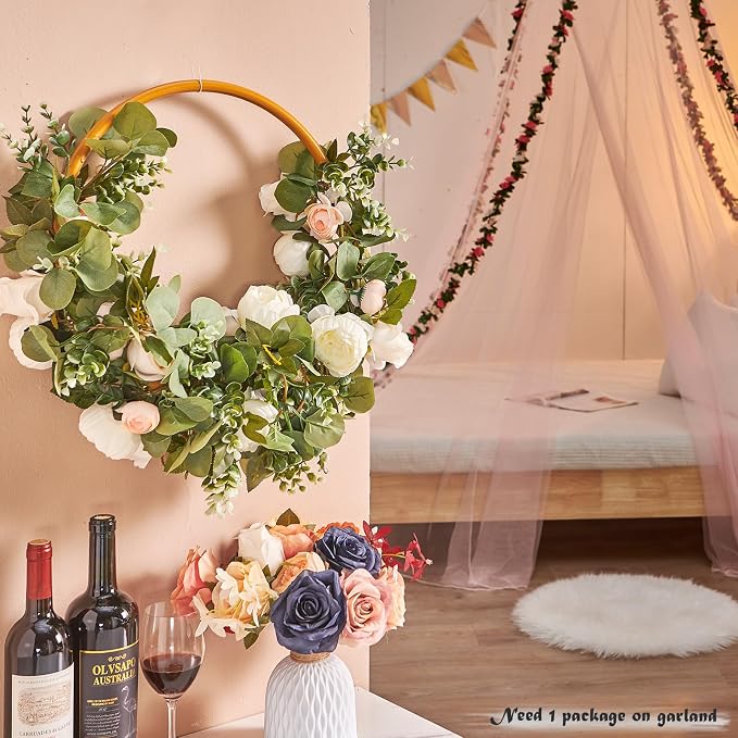 PONKING Flower Garland Artificial Rose Vine Flowers Hanging Fake Roses Vines for Wedding Birthday Party Valentines Christmas Room Wall Arch Decor, 2 White & 1 Light Pink Floral Garland Decorations