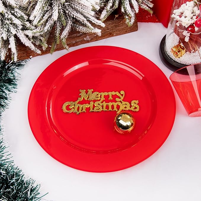 KIRE 150 Pieces Red Plastic Plates Disposable - Red Dinnerware Set Include 25Dinner Plates 25Salad Plates 25Forks 25Knives 25Spoons 25Clear Red Cups for Christmas Parties