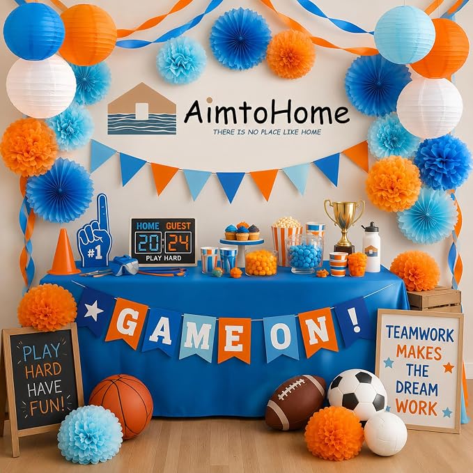 Blue & Orange Paper Lanterns Set (12 Pcs) - 6/8/10 Inch Hanging Lanterns for Cartoon Parties, Sports Events, Birthdays & Home Decor