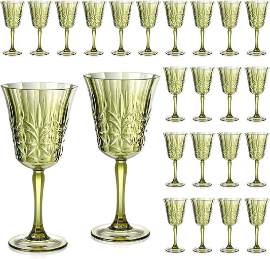 10oz Green Plastic Wine Glasses Goblets Stemmed Wine Glasses Set of 12 Shatterproof and Reusable Crystal Glasses Set for Wedding Reception Grand Event Party Ceremony (24, Green)