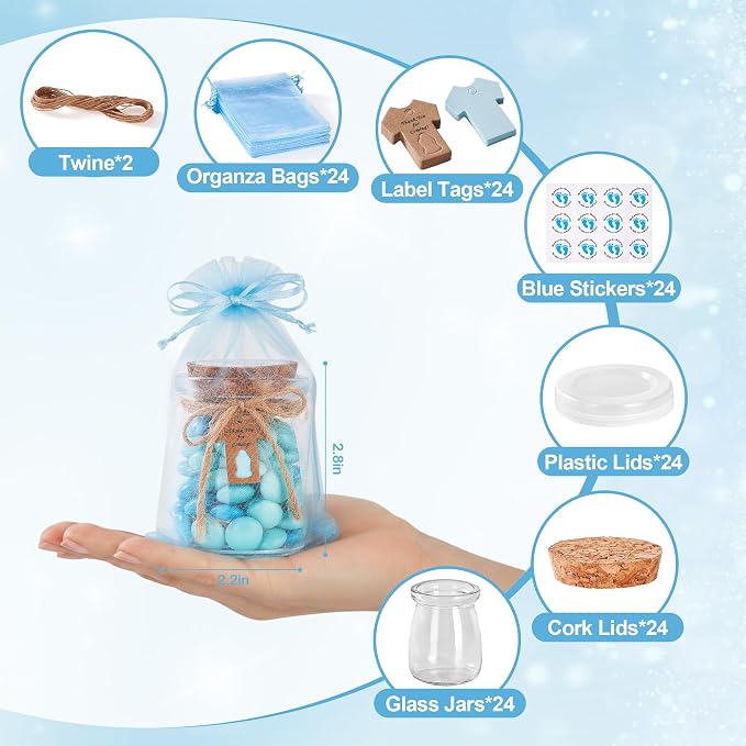 24 Pcs Baby Shower Party Favors for Guests, Baby Shower Gifts for Guest, 3.4 oz Small Glass Mason Jars with Cork Lids, Stickers, Label Tags, Twine, Organza Bags, Mini Candy Jar Favors for Boy