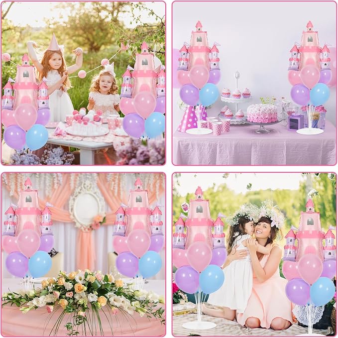 Princess Party Balloons Stand Kit 2 Sets with 2 Princess Castle Foil Balloons Pastel Blue Pink Purple Themed Party Balloon Centerpiece for Tables for Girls Baby Shower Fairytales Birthday Decorations