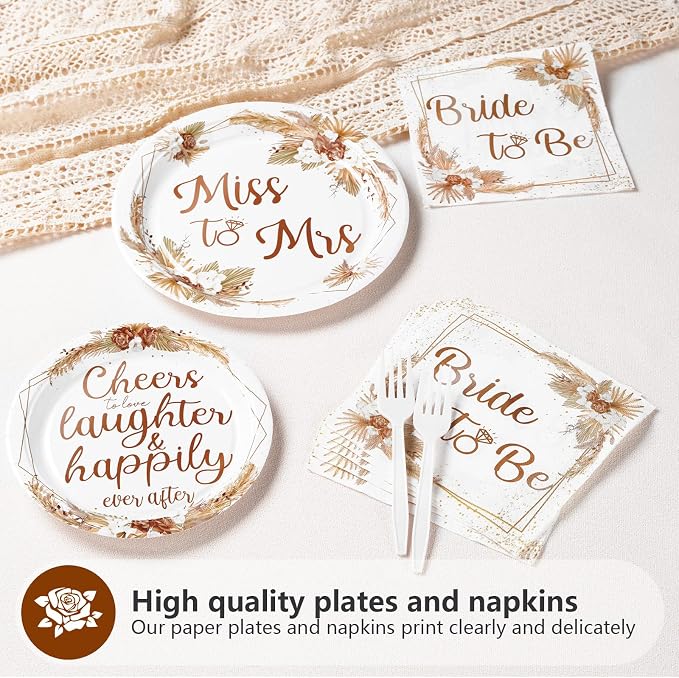 Grencian 96Pcs Boho Bridal Shower Decorations Miss to Mrs Party Plates Disposable Boho Bride to Be Paper Tableware for Bride Groom Bachelorette Party Wedding Engagement Party Supplies, Serves 24