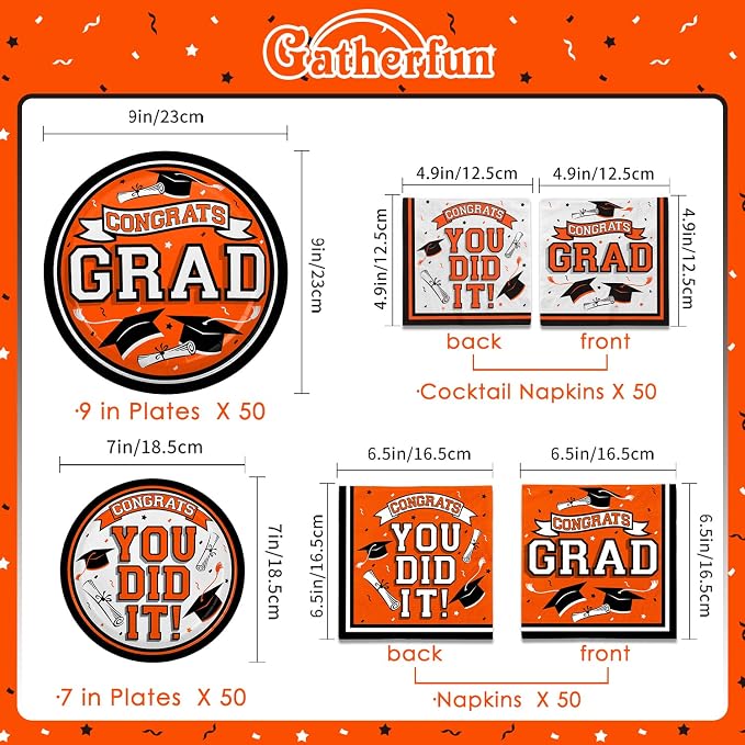 Graduation Party Supplies Dinnerware Set orange Disposable dinner paper plates dessert paper plates and Napkins for Congrats Grad Party Decorations, Serve 50