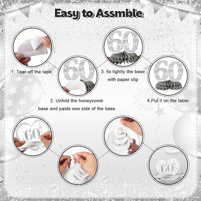 Silver 60th Wedding Anniversary Decorations Banner, 60th Anniversary Table Centerpieces Hanging Swirls Tissue Pompoms Foil Balloon for 60 Years Silver Wedding Party Decoration Supplies