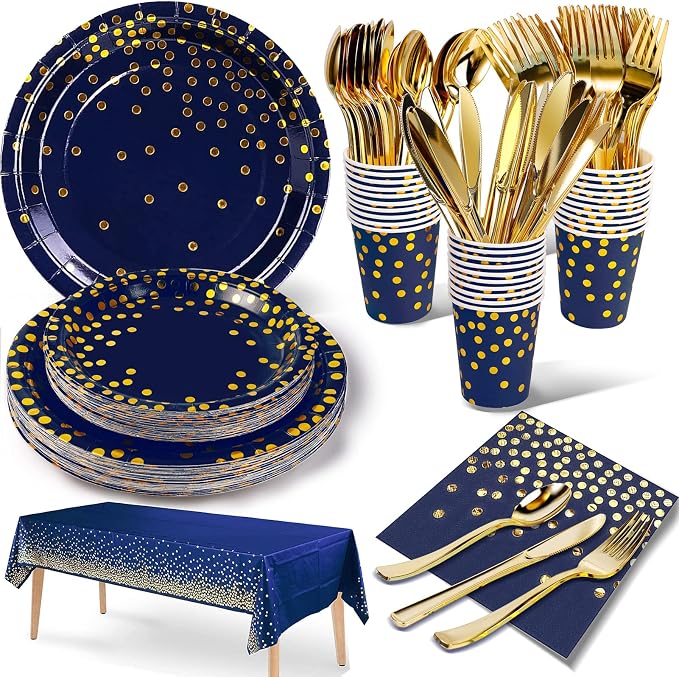 Nkaiso 141 Pieces Navy Blue Gold Party Supplies, Disposable Party Decorations Sets Include Paper Plates Napkins Cups, Plastic Forks Knives Spoons, for Baby Shower Birthday Wedding -20 Guests