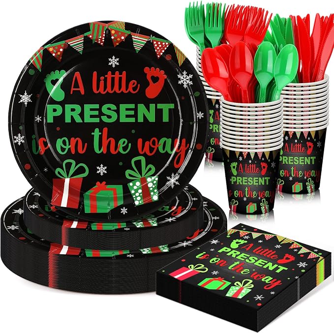 168 Pcs A Little Present Is on the Way Christmas Baby Shower Party Supplies Green Red Tableware Set Disposable Paper Plates Cups Utensils for Christmas Baby Shower Birthday Party serve 24