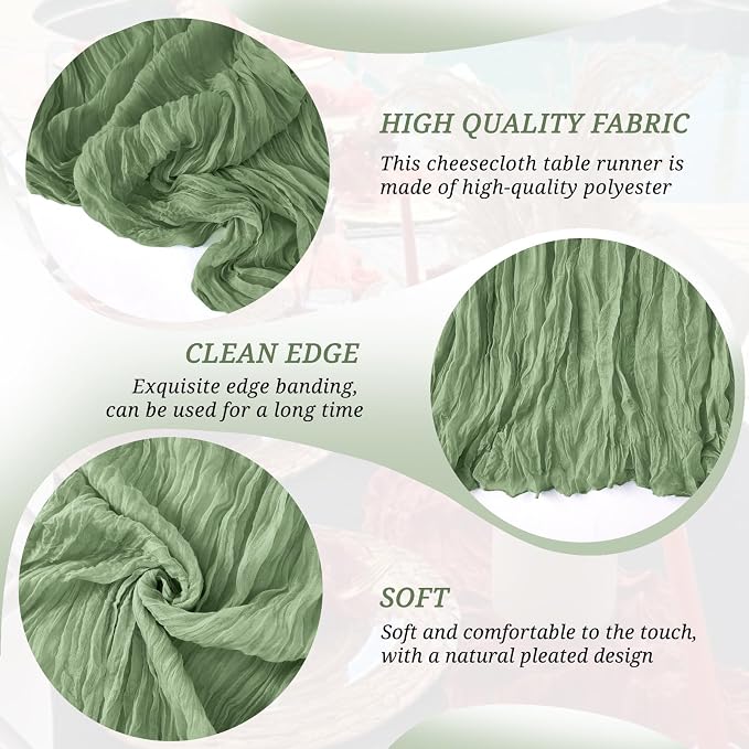 6 Pack Sage Green Cheesecloth Table Runner 21x120 Inches, Boho Gauze Rustic Semi Sheer Cheese Cloth Table Runners for Easter Wedding Bridal Baby Shower, Birthday Party, Long Farmhouse Table Decor