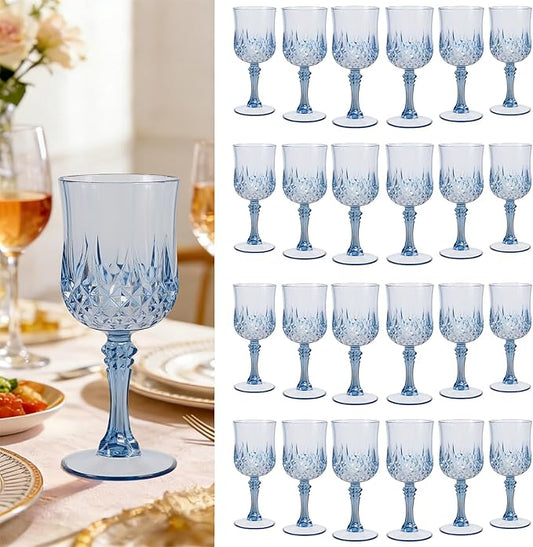 Teruntrue 24 Pcs Dusty Blue Plastic Wine Glasses Vintage Wine Glass for Parties Crystal Plastic Goblets Drinking Glasses Reusable Drinkware for Wedding, Valentine’s Day, Parties, Grand Event