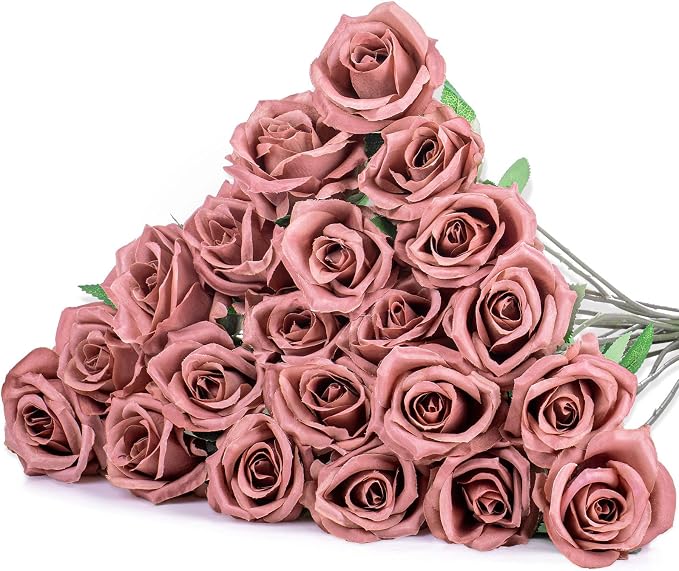 Hotop 20 Pcs Artificial Rose Flowers with Long Stem, Real Lifelike Silk Realistic Plastic Bouquet Roses Bulk for Home Decor Bridal Wedding Party Table Centerpieces Decorations(Dusty)