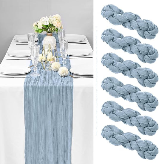 Showgeous 6 Pack Dusty Blue Cheesecloth Table Runner, 10FT Long Semi-Sheer Boho or Rustic Gauze Table Runner Wedding Table Decor for Wedding Arch Draping Bridal Shower Holiday Party