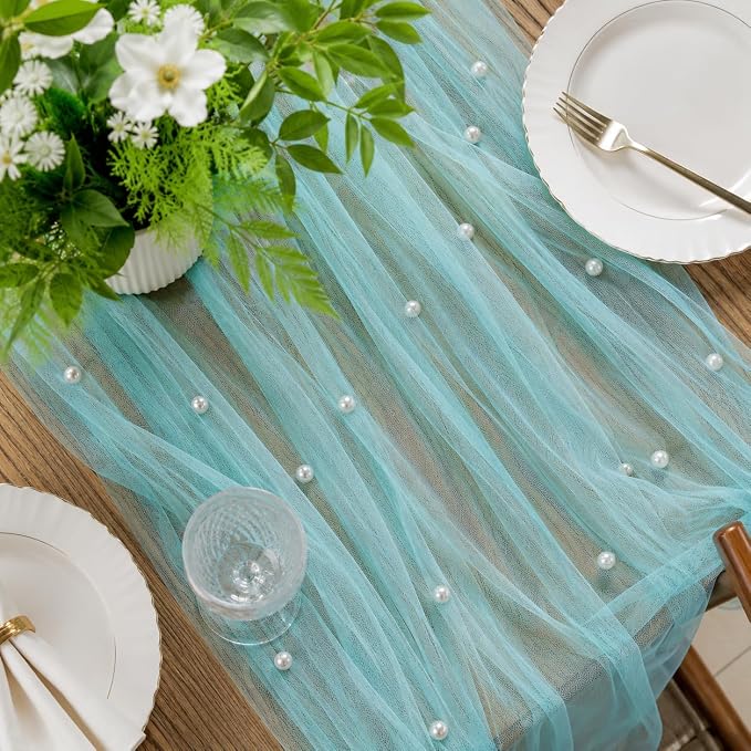 Pearl Turquoise Gauze Pearl Table Runner 120 Inch 10FT, Seasonal Sheer Dining Holiday Wedding Birthday Baby Shower Tulle Summer Table Decor for Home Party
