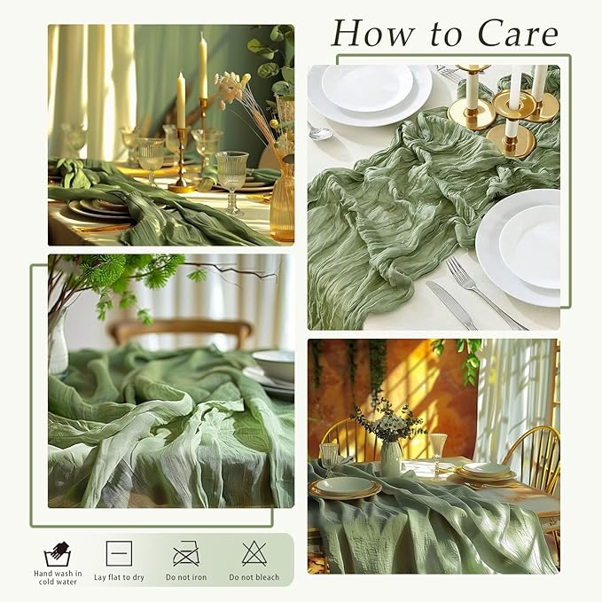 10 Pack Sage Green Cheesecloth Table Runner 17x108 Inch Semi Sheer Boho Rustic Gauze Cheese Cloth Table Runners for Wedding Party Birthday Baby Shower Home Décor