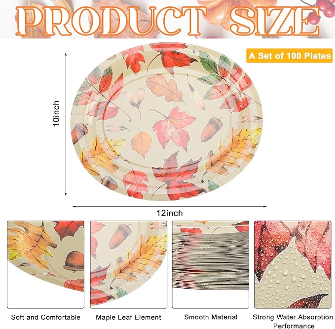 100 Pcs Fall Oval Leaves Plates 10" x 12" Disposable Thanksgiving Paper Plates Dinner Dinnerware Tray Party Supplies Autumn Tableware Set for Family Gathering Parties (Maple Leaf)