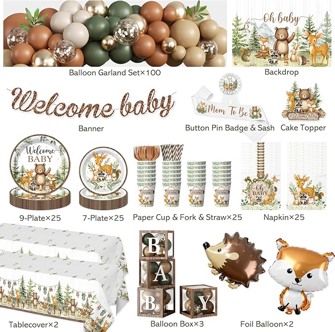 Woodland Baby Shower Decorations, 265 PCS Woodland Animals Baby Shower Party Supplies with Balloon Garland, Backdrop, Tableware, Balloon Boxes & Mom to Be Sash, Gender Neutral Forest Theme