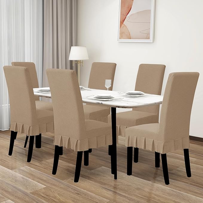 Easy-Going Dining Chair Covers Stretch Parsons Chair Slipcover with Skirt Chair Covers for Dining Room Restaurant Banquet (6 PCS, Khaki)