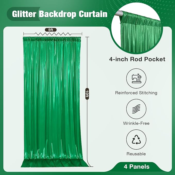 20x10FT Green Sequin Backdrop Curtain for Party - 4 Panels 5x10FT Wrinkle-Free Shimmer Drapes for Birthday, Wedding, Christmas, Decorations & Photography