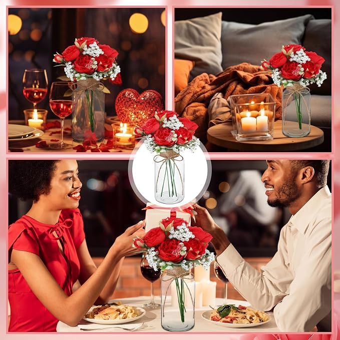 Zeyune 6 Sets Mason Jar Table Centerpiece with Artificial Peony Baby's Breath Flower Centerpieces Faux Flowers with Rope for Wedding Reception Engagement Bridal Shower Rustic Table Decor(Red)