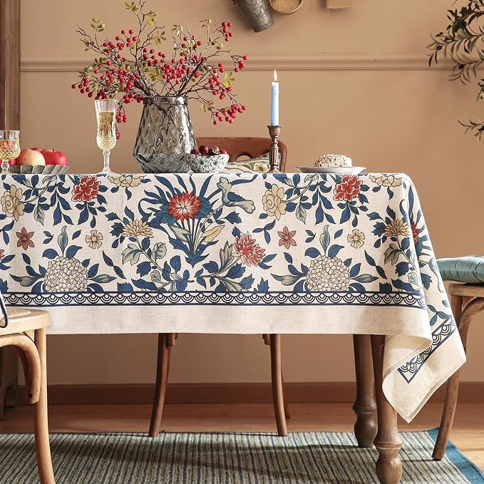 patdrea Vintage French Linen Tablecloth,Square,67"x67"-Ivar A | Elegant Colorful Table Cloth for Square Table,Blue and White Floral Patterned,Dining Room Tea Party Thanksgiving