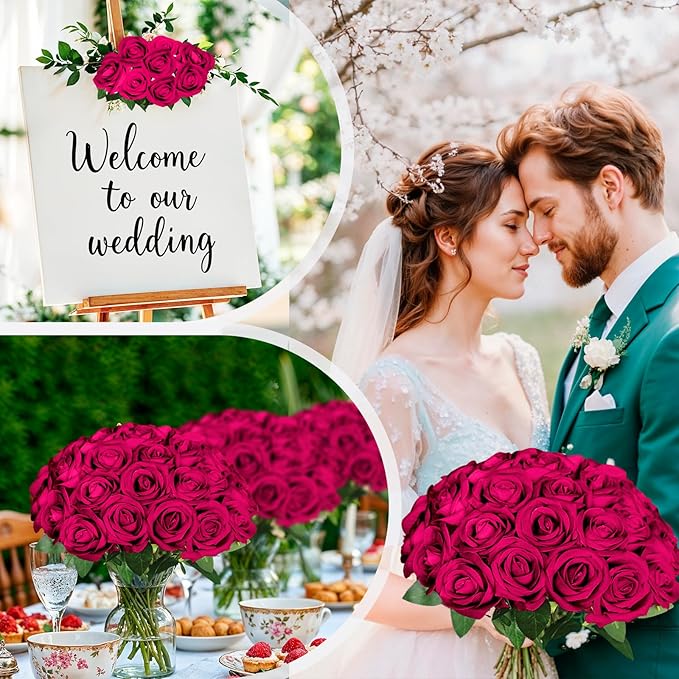 50 Pcs Fake Roses Burgundy Artificial Flowers Bulk, Faux Velvet Silk Rose Bouquet with Long Stems Real Look for Wedding Party Centerpieces Vases Decor