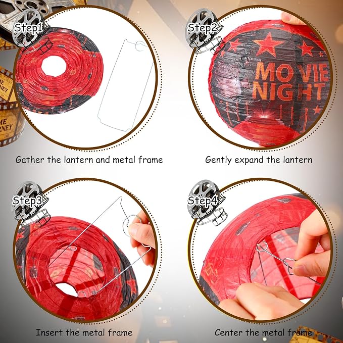 Panelee 12 Pcs Movie Night Party Decorations Theme Hanging Paper Lanterns with Popcorn Trophy Microphone Film Reel Lanterns Decorative for Movie Night Theater Home Carnival Birthday Party