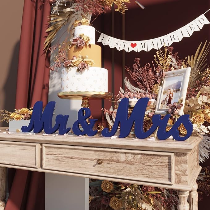 VIOPVERY Wedding Decorations Set - Large Blue Mr and Mrs Sign, Just Married Banner, Wooden Letters for Sweetheart Table, Photo Props for Anniversary