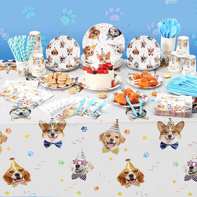 Potchen 452 Pcs Party Supplies Serve 50 Guests, Paper Plates Napkins Cups Cutlery Plastic Tablecloth Dinnerware for Birthday Wedding Party Decoration(Colorful, Dog Birthday)