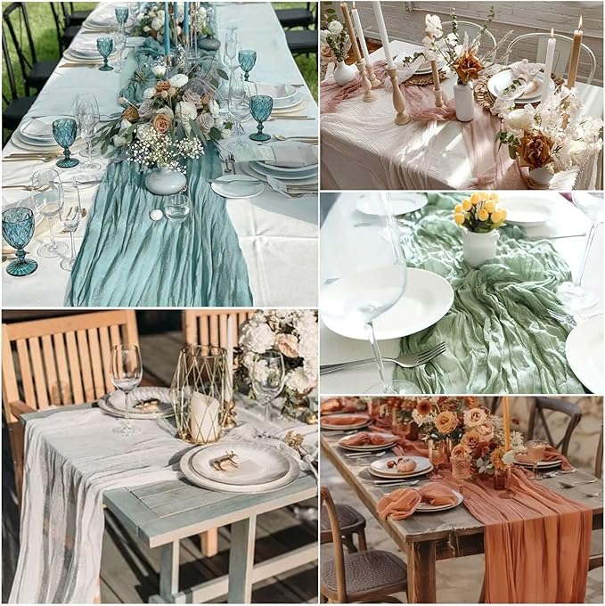 12 Pack Dusty Blue Cheesecloth Table Runner 22x120 Inch-Naturally Dyed Colors Sheer Gauze Cheese Cloth Wedding Table Runner,Rustic Boho Crinkle Fabric, Reception, Bridal Shower,Farmhouse Dining Decor