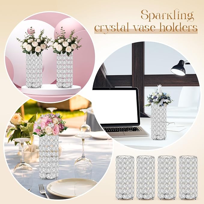 Dandat 8 Pcs Crystal Flower Vase for Wedding Table Centerpieces 7.87 in Crystal Pillar Metal Cylinder Flower Vase Stand for Christmas Wedding Decor Gifts Arrangement Event(Silver)