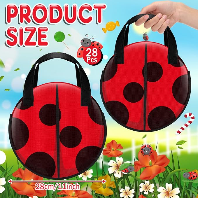 Locmeo 28 Pcs Ladybug Party Favors Birthday Gift Bags Bulk Non Woven Lady Bug Candy Treat Bags with Handle Red Black Polka Dots Goodie Fillers Classroom Prize for Holiday Supplies Decoration