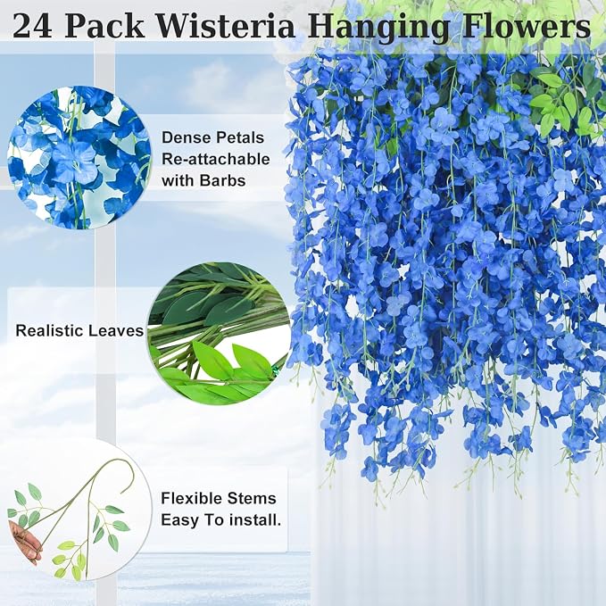 LELEE 25 Pcs Artificial Wisteria Hanging Flowers 3.6ft Royal Blue Fake Hanging Flowers Garland Silk Flowers Rattan String Faux Wisteria Vine for Wall Home Wedding Party Arch Greenery Backdrop Decor