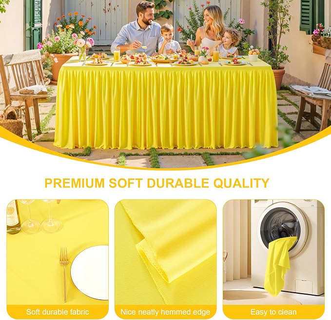 2 Packs Yellow Poylester Tablecloths Rectangle Tables 4ft, Stretch Fitted Table Covers for 4 Foot Tables Wrinkle Free Rectangle Table Cloth with Skirt for Birthday Party Events Banquet Baby Shower