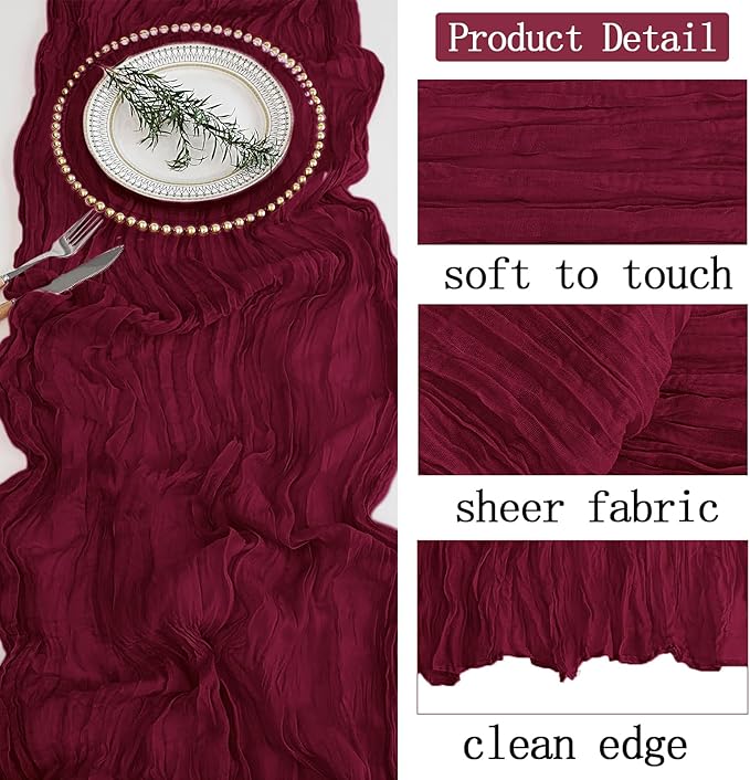 16 Pack Burgundy Cheesecloth Table Runner 20 x 120 inch Gauze Table Runners 10 FT Long,Semi Sheer Boho Cheese Cloth Fabric Table Runner Bulk for Party,Wedding,Baby Shower,Bridal Shower Decoration
